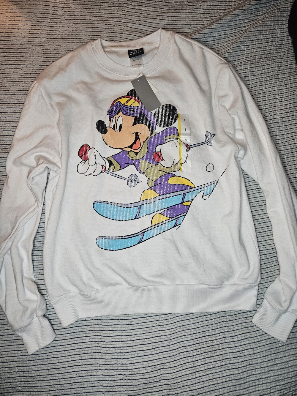 Disney White Crewneck Sweater with Skiing Mickey Graphic